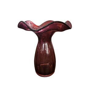 Margie’s Garden‎ Art Glass Hand Blown Purple Bubble Vase Ruffled Top 7.5”